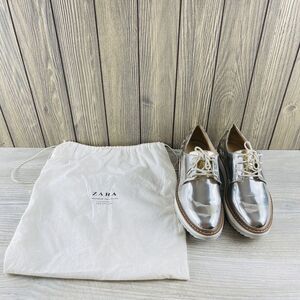 Zara Wedge Platform Oxfords Shoes Silver Leather Women's Size EUR: 37